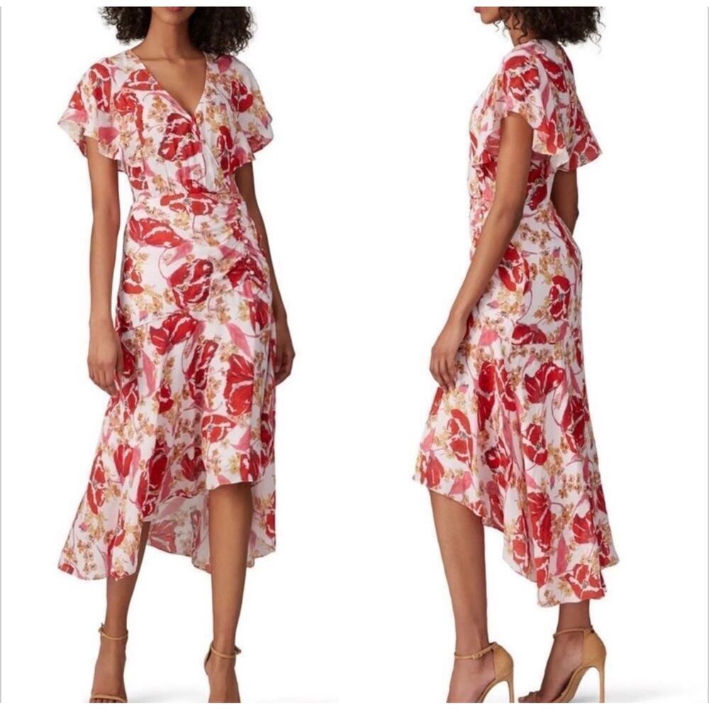 Parker Silk Floral Dress Printed Silk Vivi Midi Dress Short Sleeve Size 8
